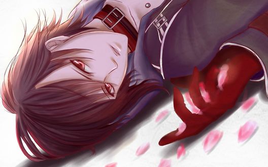 Обои на рабочий стол Shin / Шин персонаж из аниме Amnesia / Амнезия лежит среди лепестком
