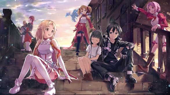Обои на рабочий стол Основные персонажи из аниме Мастера меча онлайн / Sword Art Online, Кирито, Асуна, Клайн, Силика, Лизбет, Юи, Егиль