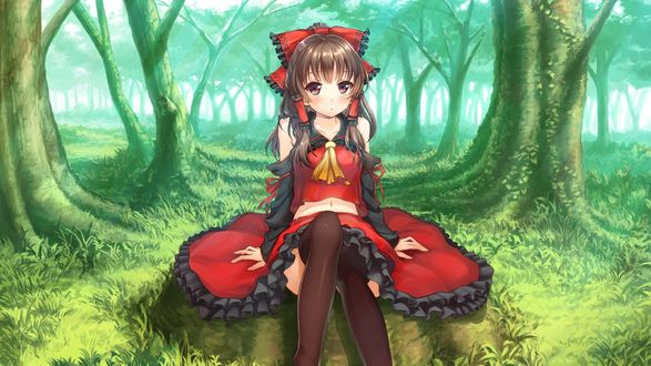 Обои на рабочий стол Reimu Hakurei / Рейму Хакурей сидит в лесу, в красной одежде из игры Touhou / Тохо
