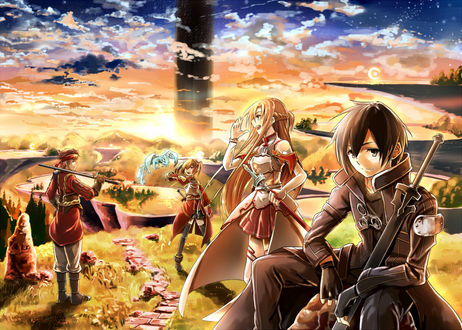 Обои на рабочий стол Kirito / Кирито, Asuna / Асуна, Kline / Клайн, Sirika / Сирика, персонажи из аниме Sword Art Online / Мастера меча онлайн
