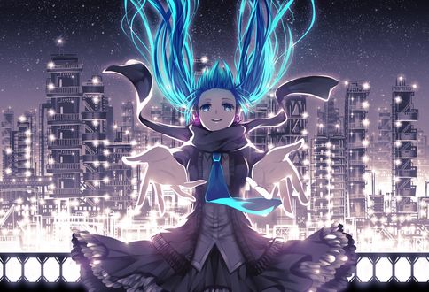 Обои на рабочий стол Вокалоид Хатсуне Мику / Vocaloid Miku Hatsune с шарфом, галстуком и пышной юбкой протягивает руки вперед на фоне ночного города