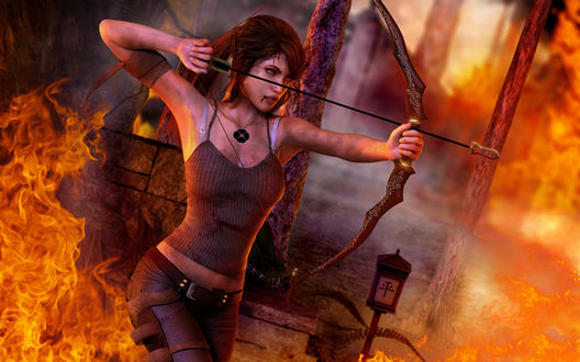 Обои на рабочий стол Lara Croft / Лара Крофт на фоне огня стреляет из лука, из игры Tomb Raider / Расхитительница гробниц (2013)