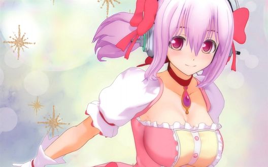 Обои на рабочий стол Super Sonico / Супер Сонико в образе Мадоки Канамэ / Kaname Madoka из аниме Mahou Shoujo Madoka Magica / Девочка Волшебница Мадока Магика