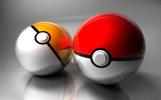 Обои на рабочий стол Два Покебола / Pokeballs из аниме Покемон / Pokemon, серебристо-желтый и серебристо-красный, лежат на стеклянной поверхности