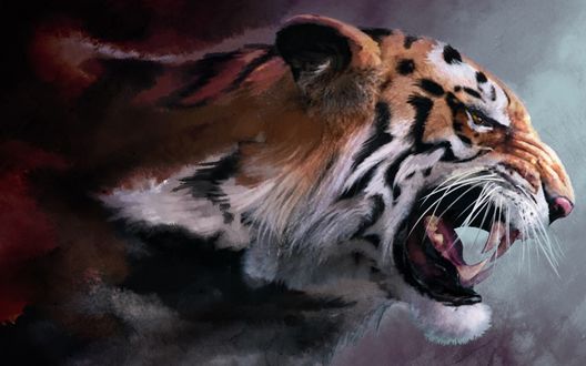 Обои на рабочий стол Рычащий тигр, арт / art