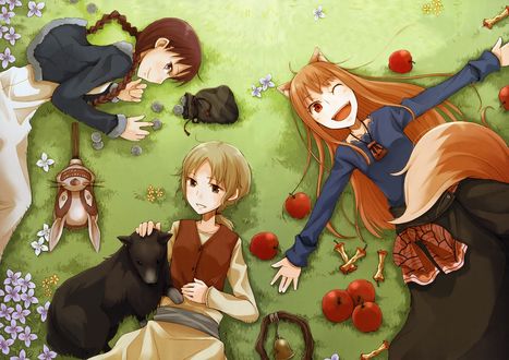 Обои на рабочий стол Chloe / Хлоя, Nora Arendt / Нора Арент и Holo / Холо Мудрая из аниме Spice and Wolf / Волчица и пряности, art by Ayakura Juu