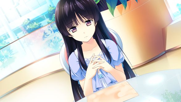 Обои на рабочий стол Грустная Habane Kotori / Котори Хабане сидит за столом, из игры Kono Oozora ni, Tsubasa wo Hirogete