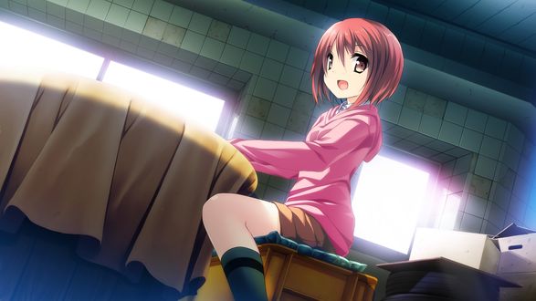 Обои на рабочий стол Himegi Ageha / Агеха Химеги сидит за столом, из игры Kono Oozora ni, Tsubasa wo Hirogete