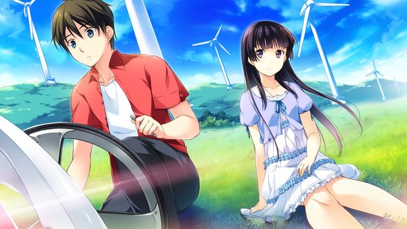 Обои на рабочий стол Minase Aoi / Аой Минасе что то чинит, а Habane Kotori / Котори Хабане сидит рядом на траве, из игры Kono Oozora ni, Tsubasa wo Hirogete