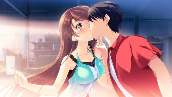 Обои на рабочий стол Mochizuki Amane и Minase Aoi целуются, из игры Kono Oozora ni, Tsubasa wo Hirogete