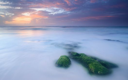 Обои на рабочий стол Камни покрытые мхом во время штиля на море на фоне заката