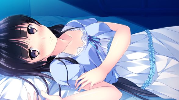 Обои на рабочий стол Habane Kotori / Котори Хабане лежит на кровати, из игры Kono Oozora ni, Tsubasa wo Hirogete
