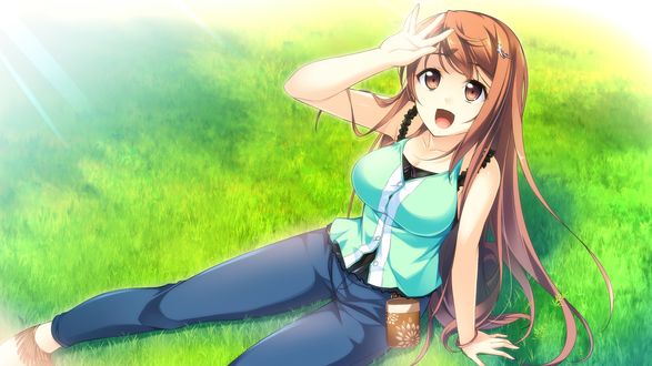 Обои на рабочий стол Mochizuki Amane сидит на зеленой траве, из игры Kono Oozora ni, Tsubasa wo Hirogete