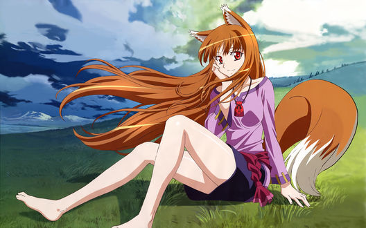 Обои на рабочий стол Holo / Холо Мудрая сидит на зеленом лугу, из аниме Spice and Wolf / Волчица и пряности, art by Arakawa Megumi