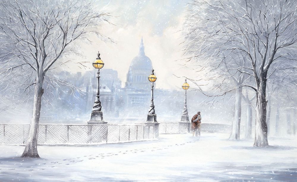 Обои для рабочего стола Живопись зимнего города, художник Джефф Роланд / Jeff Rowland