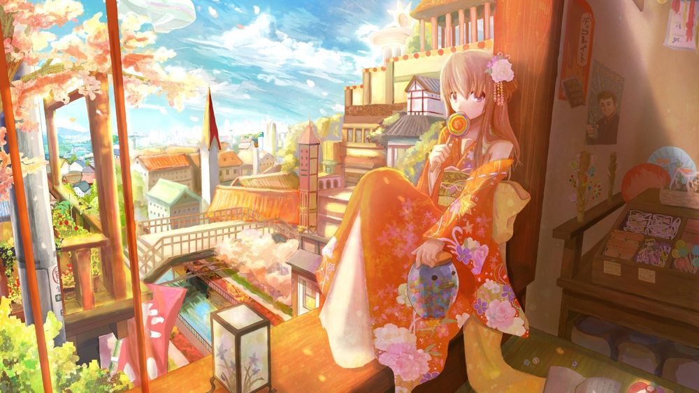 Обои для рабочего стола Девушка в кимоно сидит на балконе, с которого виден город, держа в руке леденец