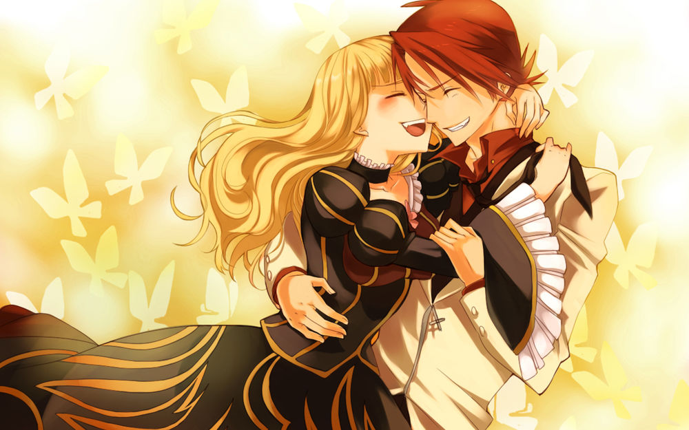 Обои для рабочего стола Беатриче / Beatrice и Баттлер Уширомия / Battler Ushiromia из аниме ''Umineko no Naku Koro ni'' / ''Когда плачут чайки'' обнимаются
