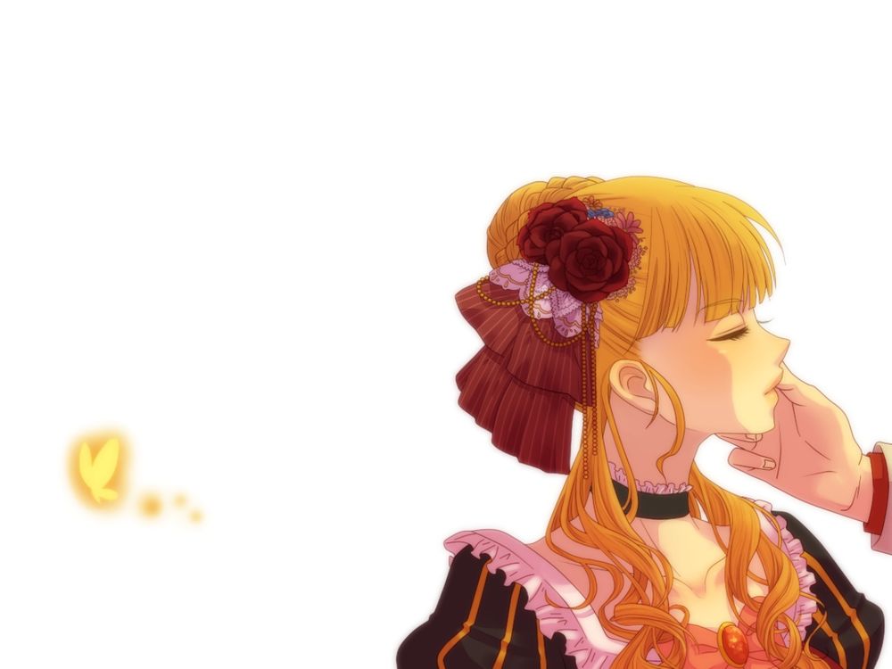 Обои для рабочего стола Беатриче / Beatrice из аниме ''Когда плачут чайки'' / ''Umineko no Naku Koro ni'' и рука Баттлера Уширомия / Battler Ushiromia