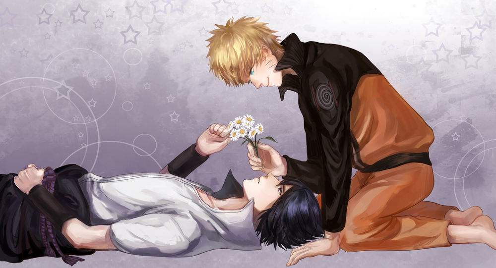Обои для рабочего стола Наруто / Naruto дарит цветы Саске / Sasuke /Арт по аниме 'Наруто / Naruto'