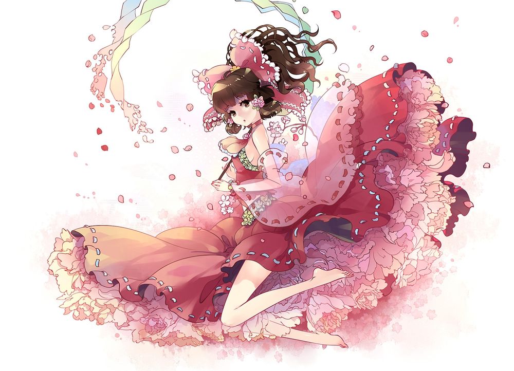 Обои для рабочего стола Hakurei Reimu в розовом платье из цветов окруженная лепестками сакуры из игры Touhou, art Tieta