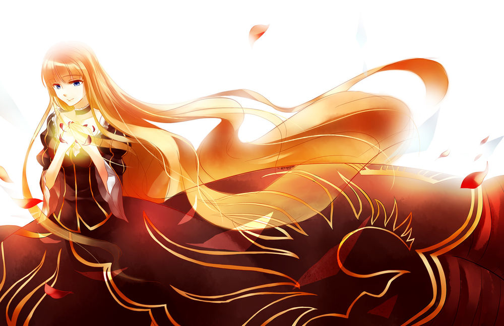 Обои для рабочего стола Беатриче / Beatrice из аниме 'Когда плачут чайки' / 'Umineko no Naku Koro ni' держит в руках цветок, возле нее летают лепестки роз