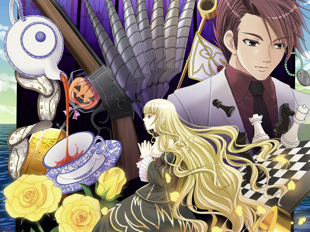 Обои для рабочего стола Баттлер Уширомия / Battler Ushiromia и Беатриче / Beatrice из аниме Когда плачут чайки / Umineko no Naku Koro ni на фоне шахмотной доски, роз, револьвера, леденца в форме хэллоуинской тыквы, бабочек и чайника, из которого в чашку льется чай