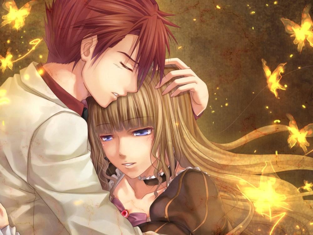Обои для рабочего стола Баттлер Уширомия / Battler Ushiromia обнимает Беатриче / Beatrice, вокруг них порхают бабочки, из аниме 'Когда плачут чайки' / 'Umineko no Naku Koro ni'