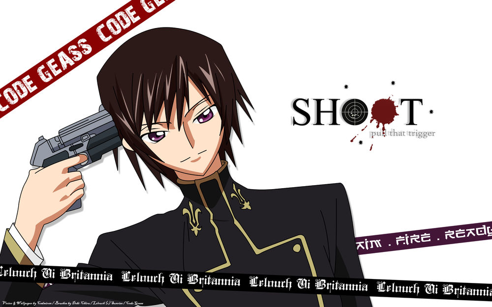 Обои для рабочего стола Лелуш \ Lelouch приставил к своему виску пистолет из аниме ''Код Гиас: Восставший Лелуш'' / ''Code Geass: Lelouch of the Rebellion' (SHOOT, pull that trigger / СТРЕЛЯТЬ, спустить курок)