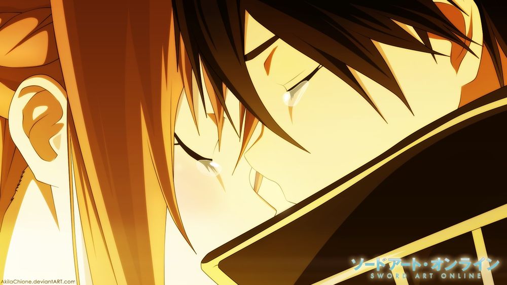 Обои для рабочего стола Кирито / Kirito и Асуна / Asuna со слезами на глазах аниме ''Sword Art Online'' / ''Мастера меча онлайн''