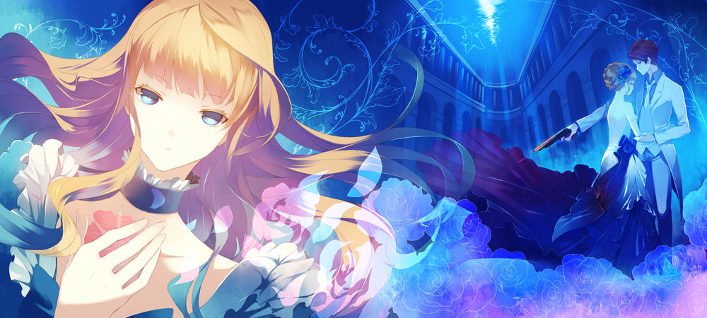 Обои для рабочего стола Беатриче / Beatrice из аниме 'Когда плачут чайки' / 'Umineko no Naku Koro ni' покидает подводный зал, за ее спиной Баттлер Уширомия / Battler Ushiromia с пистолетом обнимает ее в элегантном платье