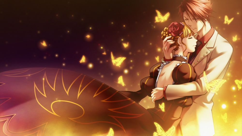 Обои для рабочего стола Баттлер Уширомия / Battler Ushiromia обнимает Беатриче / Beatrice, вокруг них летают золотистые бабочки, из аниме 'Когда плачут чайки' / 'Umineko no Naku Koro ni'