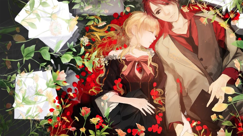 Обои для рабочего стола Баттлер Уширомия / Battler Ushiromia и Беатриче / Beatrice из аниме 'Когда плачут чайки' / 'Umineko no Naku Koro ni' лежат в цветах, возле них на газетах стоят блюдца