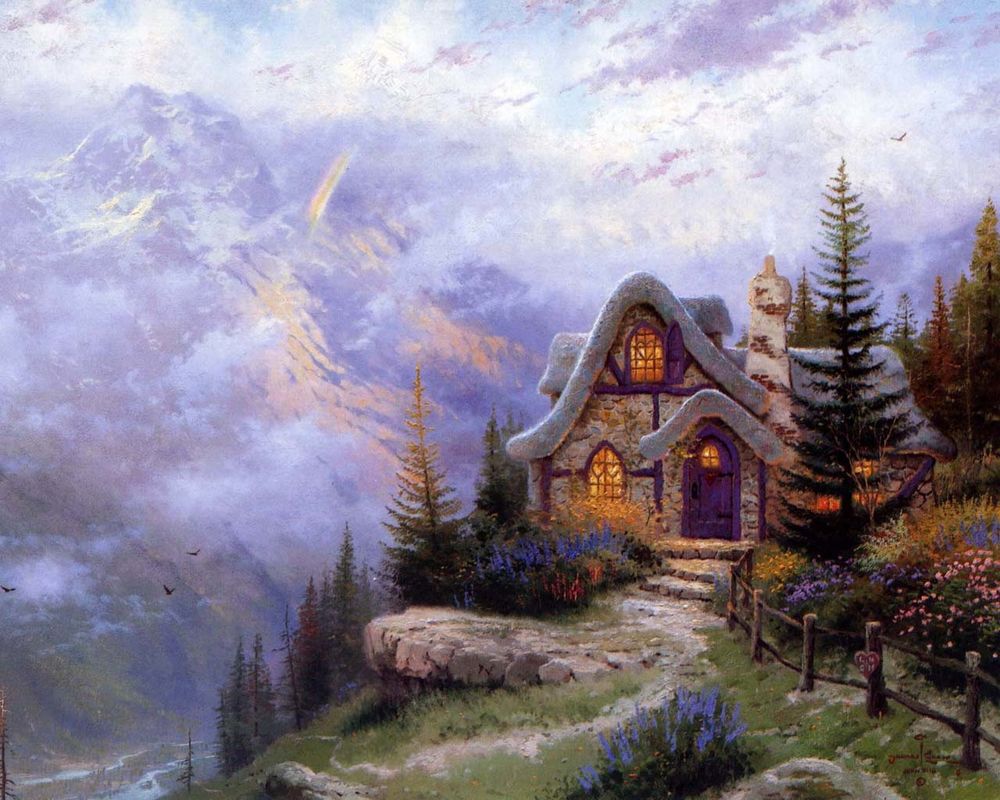 Обои на рабочий стол Домик на краю горы, художник Томас Кинкейд / Thomas  Kinkade, обои для рабочего стола, скачать обои, обои бесплатно