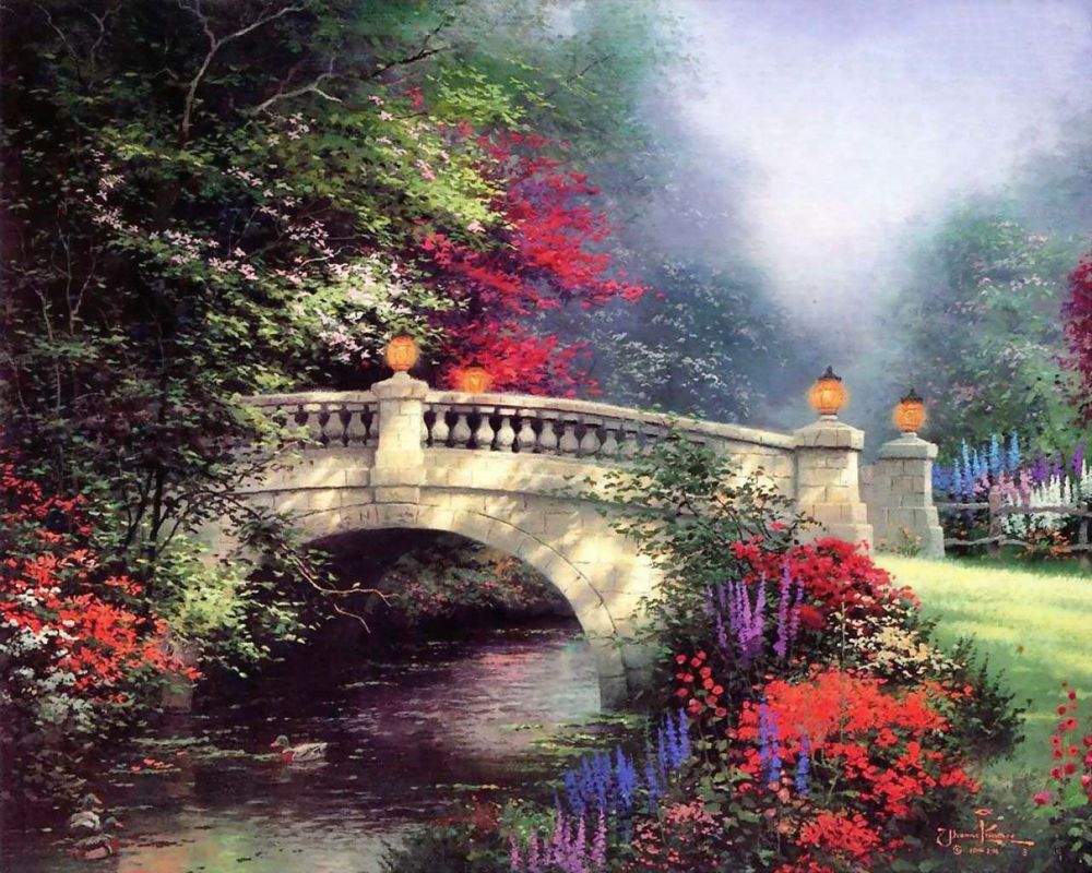 Обои для рабочего стола Мост через маленькую речку с цветами на берегах, художник Томас Кинкейд  / Thomas Kinkade