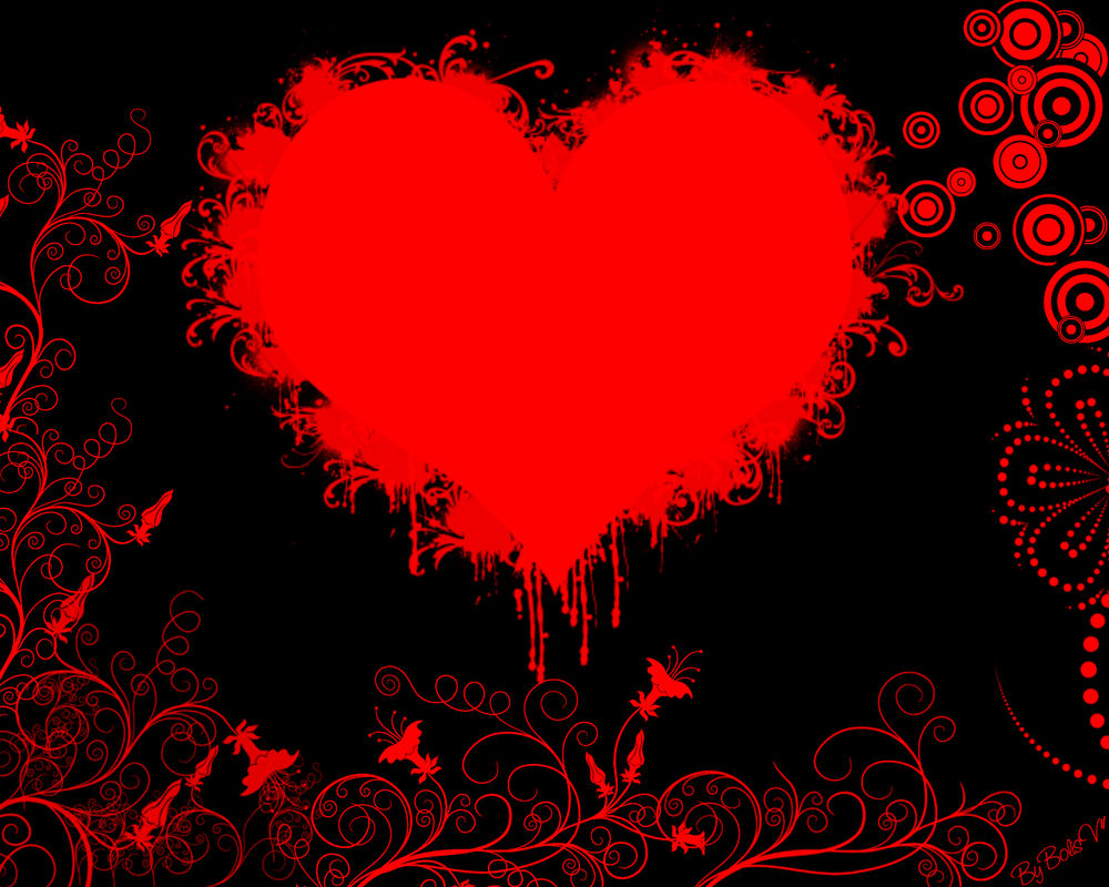 Обои на рабочий стол Красное сердце с векторным орнаментом на черном фоне,  обои для рабочего стола, скачать обои, обои бесплатно