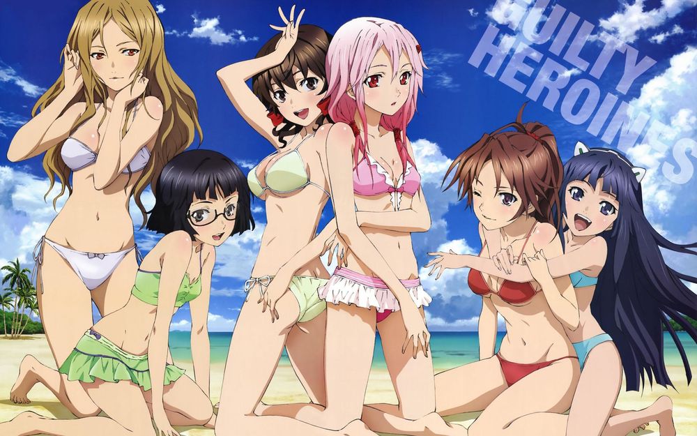 Обои на рабочий стол Девушки из аниме Guilty Crown / Венец Вины вкупальниках на пляже на фоне неба (Huilty heroines), обои для рабочегостола, скачать обои, обои бесплатно