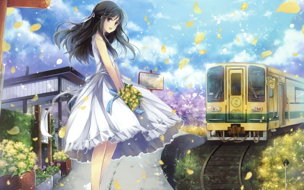Обои для рабочего стола Девушка с букетом цветов в руках стоит на платформе в ожидании поезда