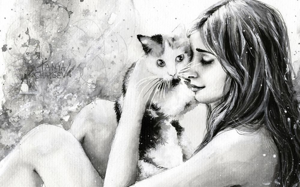 Обои для рабочего стола Рисунок девушки с котом, Автор Tanya Shatseva