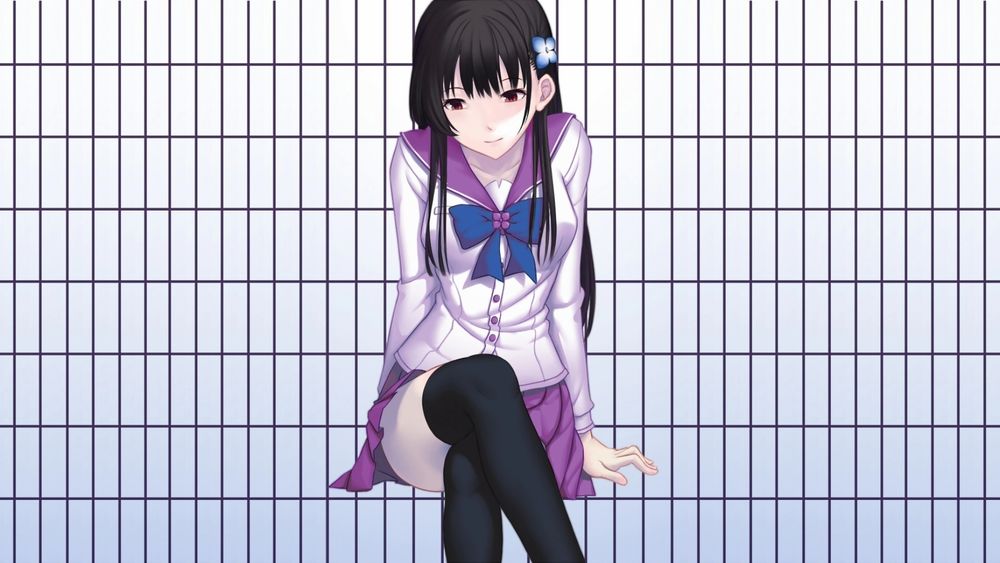 Обои для рабочего стола Санка Рэя / Sanka Rea из аниме «Санкарэя» / «Sankarea» сидит с голубым цветком гортензии в волосах