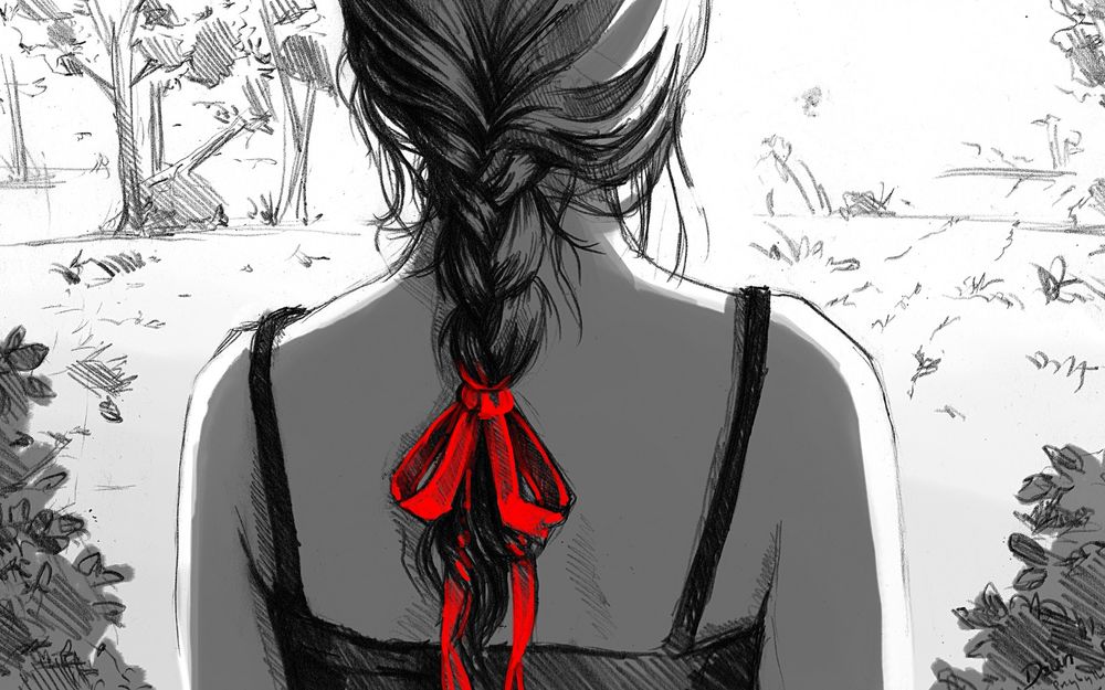 Обои для рабочего стола Девушка стоит спиной с заплетенной косичкой повязанной красным бантом