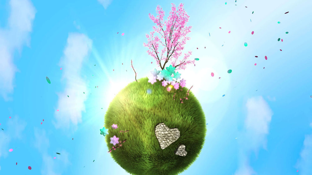 Обои для рабочего стола Весна на планете, на которой изображены цветы и распустившееся дерево, сердечки, все на фоне голубого нежного неба