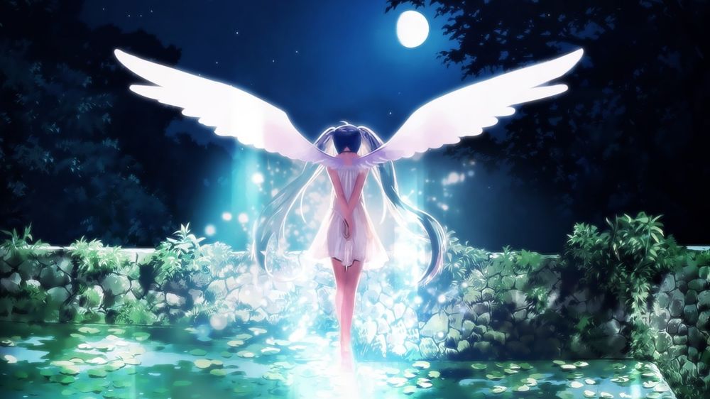 Обои для рабочего стола Вокалоид Хатсуне Мику / Hatsune Miku в белом платье с большими белыми крыльями стоит спиной у каменного забора в пруду