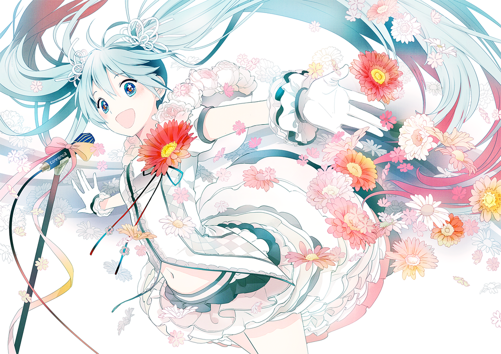 Обои для рабочего стола Мику Хатсуне / Vokaloid, Miku Hatsune в платье разбрасывает цветы и поет