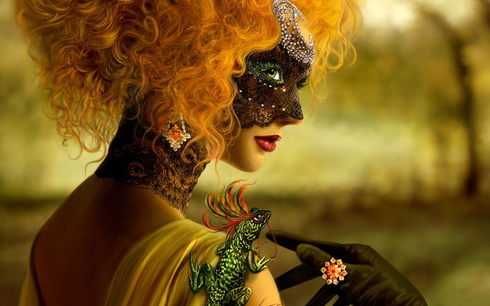 Обои для рабочего стола Девушка с рыжим цветом волос в черной кружевной маске и черных перчатках, на плече у нее сидит игуана, автор Катарина Соколова / Katarina Sokolova