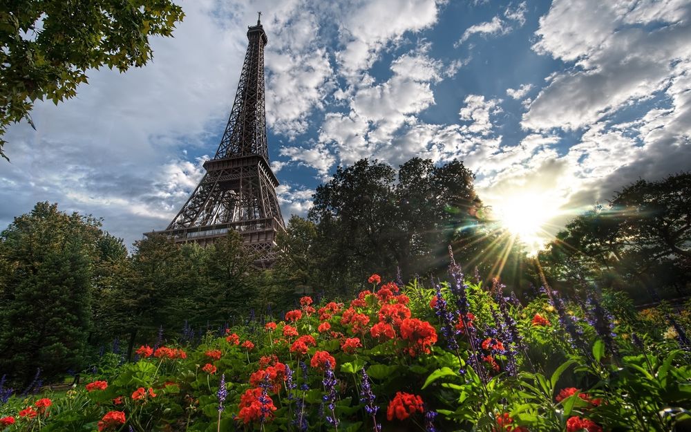 Обои для рабочего стола Эйфелева Башня / la tour Eiffel утопает в цветах, Париж / Paris