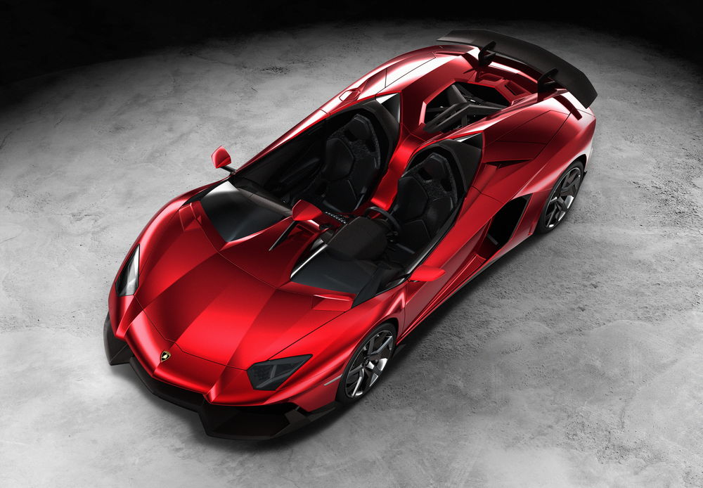 Обои для рабочего стола Вишневый Кабриолет Lamborghini / Ламборгини 2012 Aventador J на сером фоне