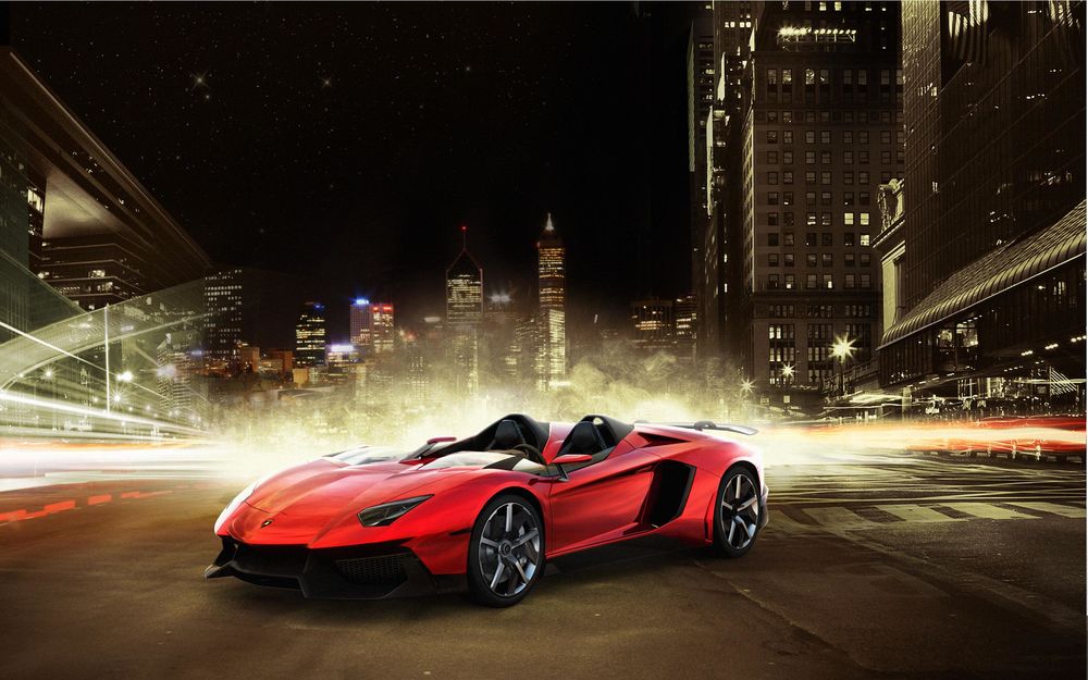 Обои для рабочего стола Вишневый Кабриолет Lamborghini / Ламборгини 2012 Aventador J на фоне ночного города