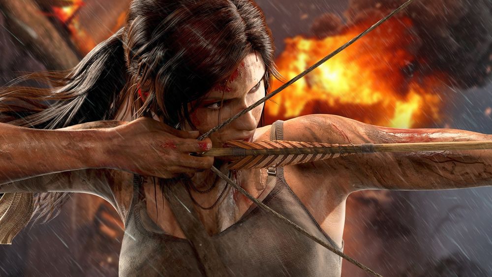 Обои для рабочего стола Лара Крофт / Lara Croft целится из лука из игры Tomb Raider / Расхитительница гробниц