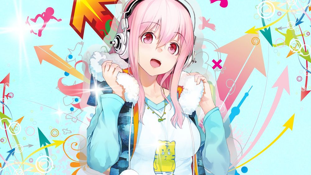 Обои для рабочего стола Super Sonico / Супер Сонико на фоне векторной абстракции