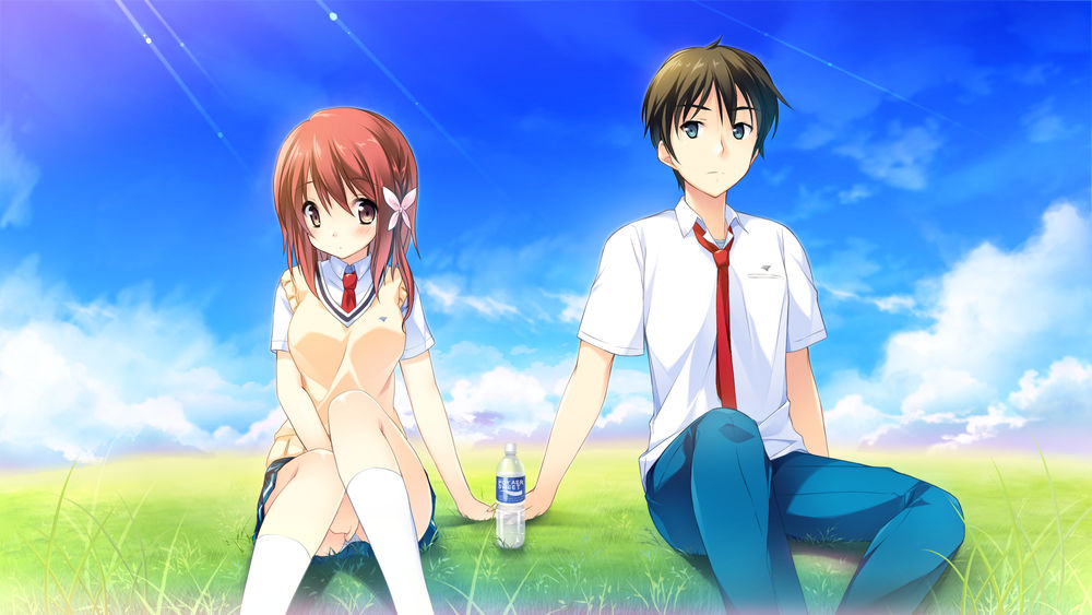 Обои для рабочего стола Ageha Himegi и Minase Aoi сидят на траве, рядом бутылка воды, из игры Kono Oozora ni, Tsubasa wo Hirogete